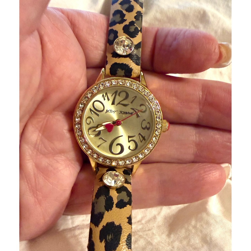 Betsey Johnson Watch Leopard Print Leather Band Crystal Accents - Picture 4 of 6